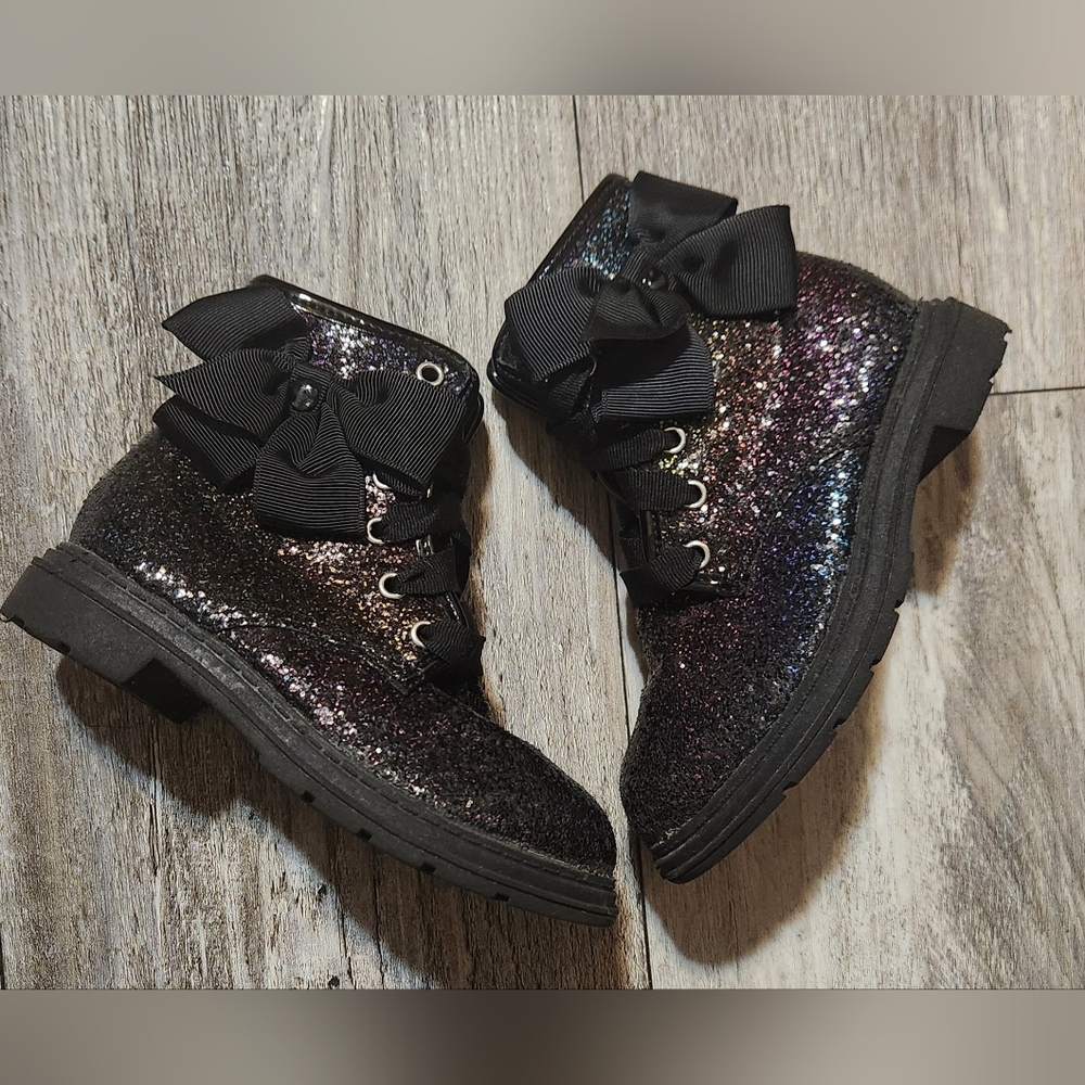 JoJo Siwa Black Rainbow Glitter Kids Combat Boots with Bows